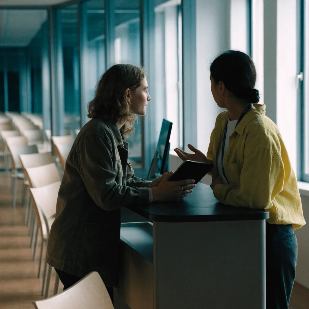Two people discussing course options at a training room bench