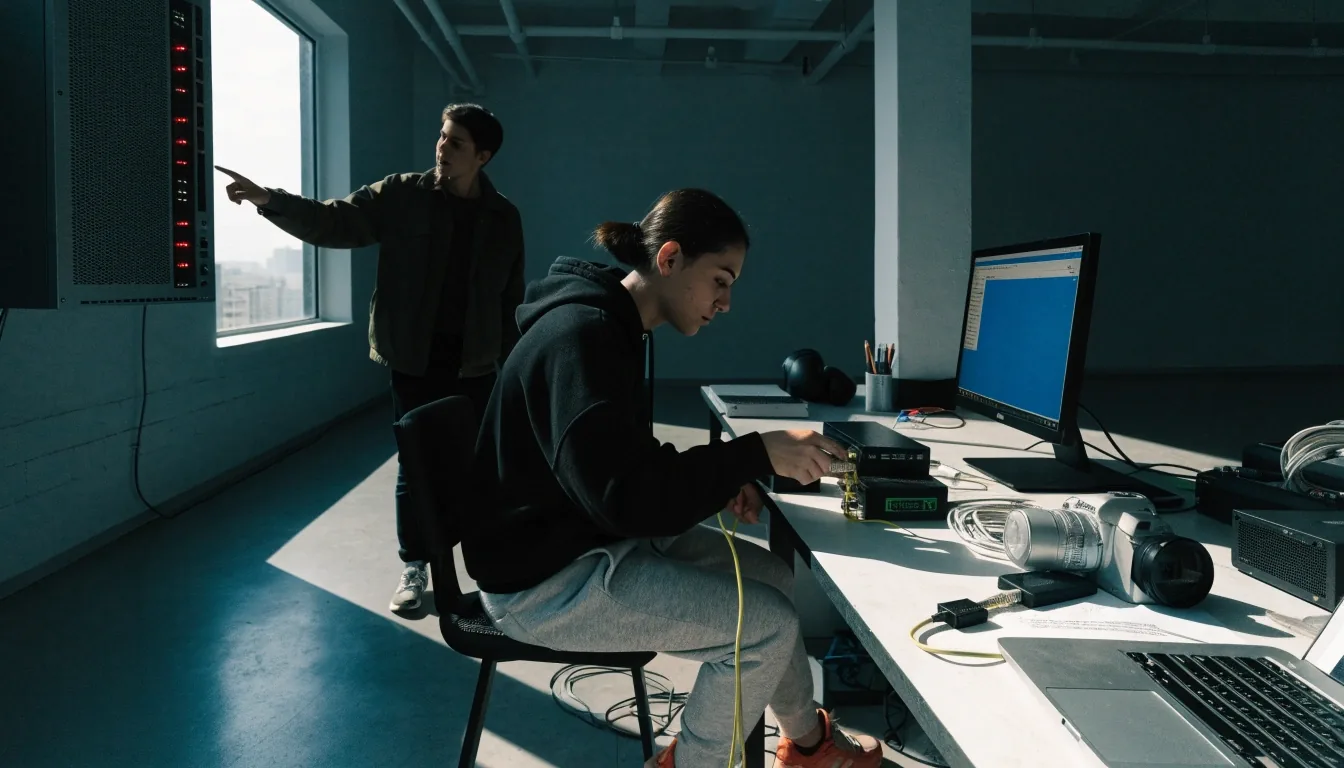 Network switch rack and cable runs in a server room, technicians working at an open cabinet in cool noon light