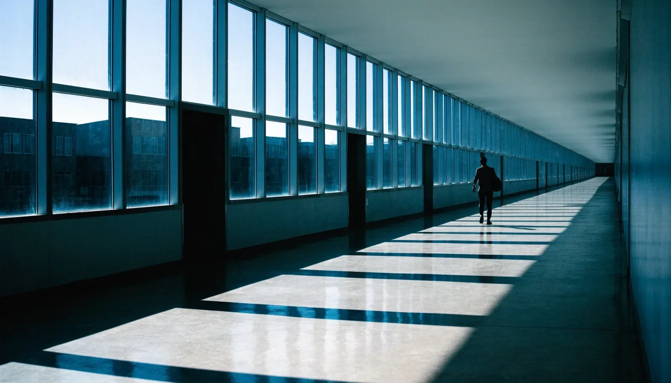 A corridor in a training building with hard midday light across the concrete floor
