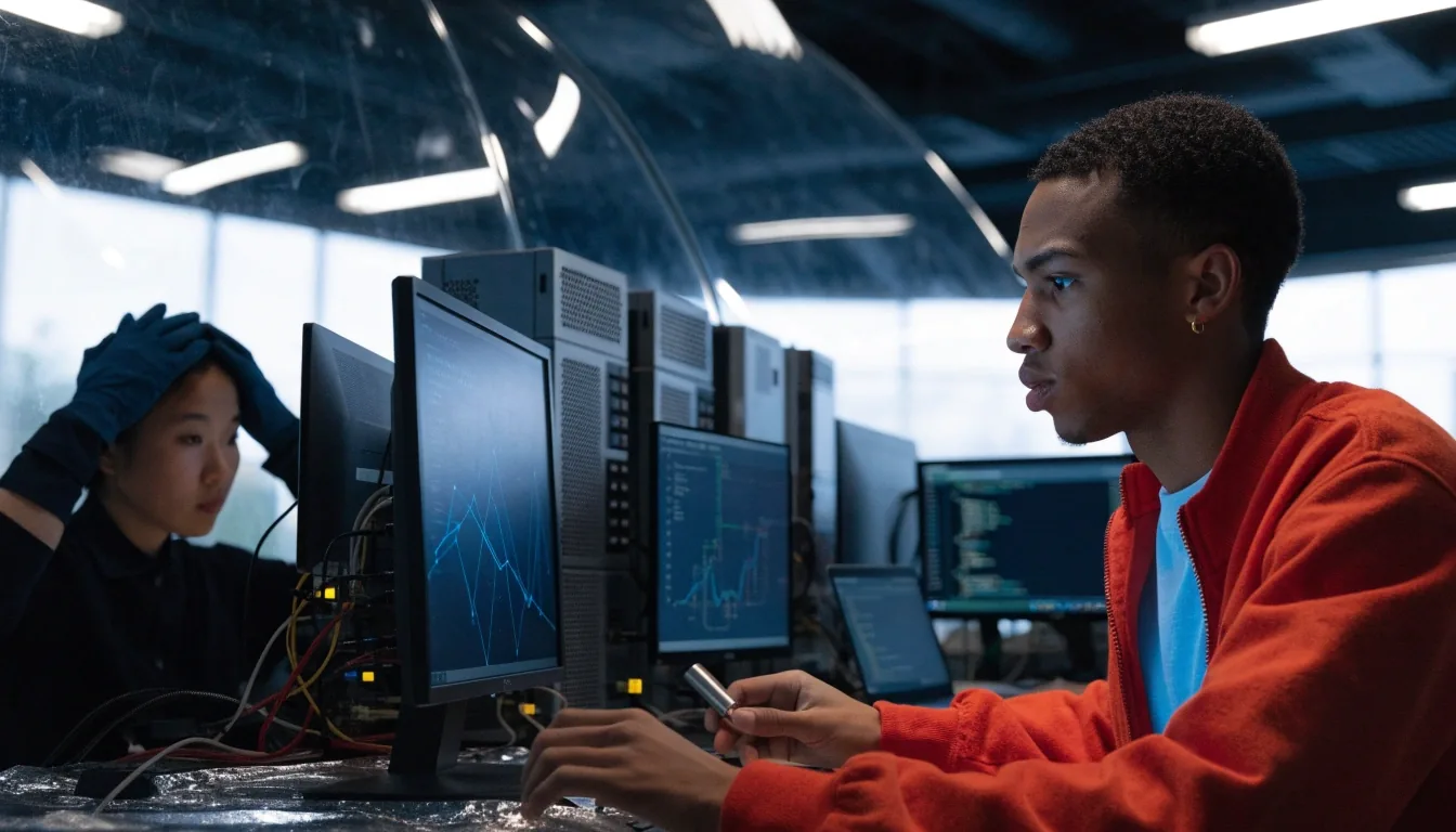 Learners working at a row of lab workstations during a noon training session