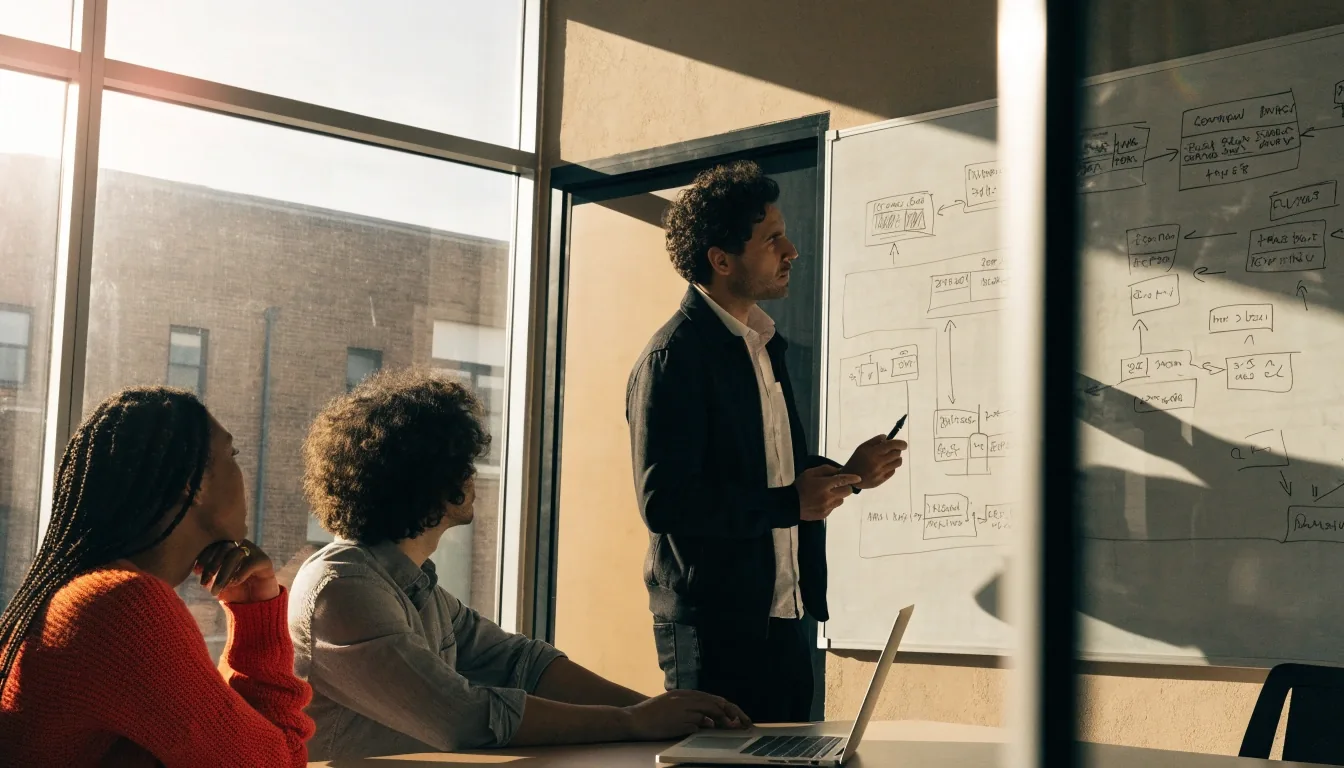 A project review session with an instructor at a whiteboard and two learners listening