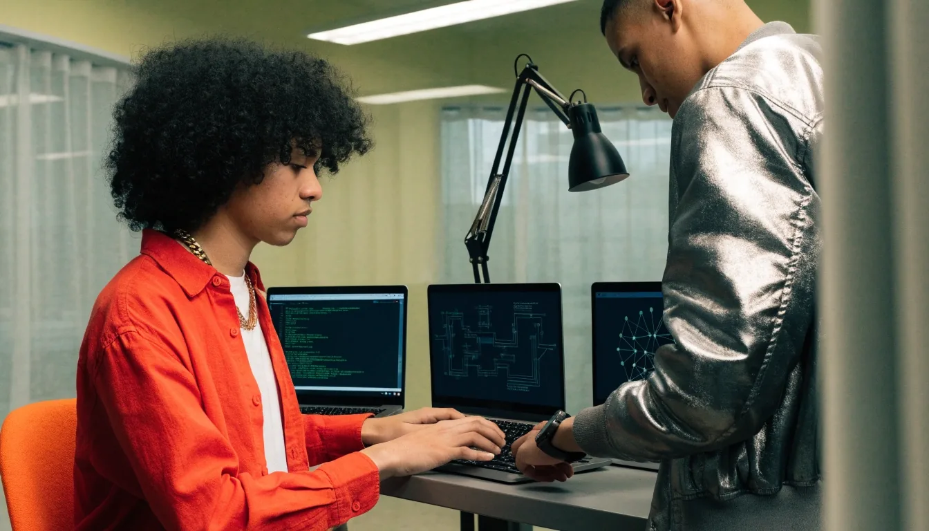A row of workstations in a bright training lab, two learners at keyboards with cool screen glow across the bench