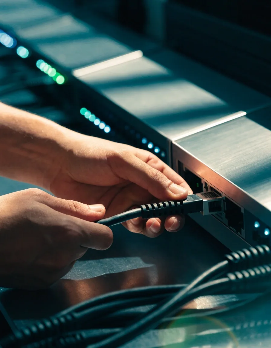Hands plugging a patch cable into a switch port on a lab bench