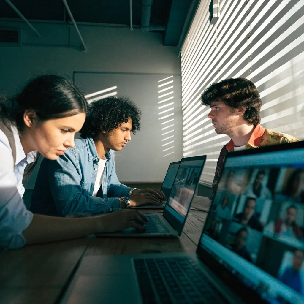 Learners at laptops during a live online class session in a bright training room