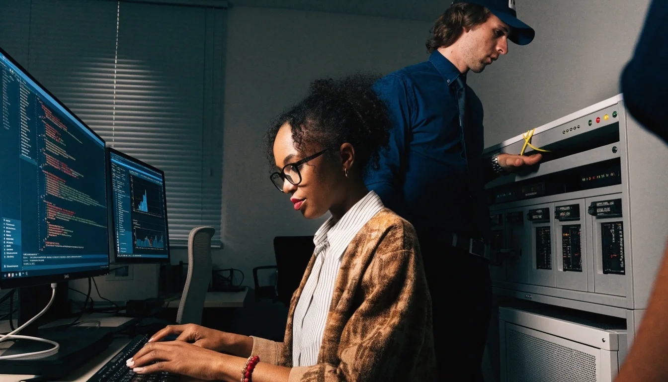 A training lab bench at midday with a person working at one of the workstations